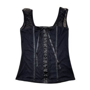 Black bustier-style camisole with lace, satin ribbon trim & silver grommets!